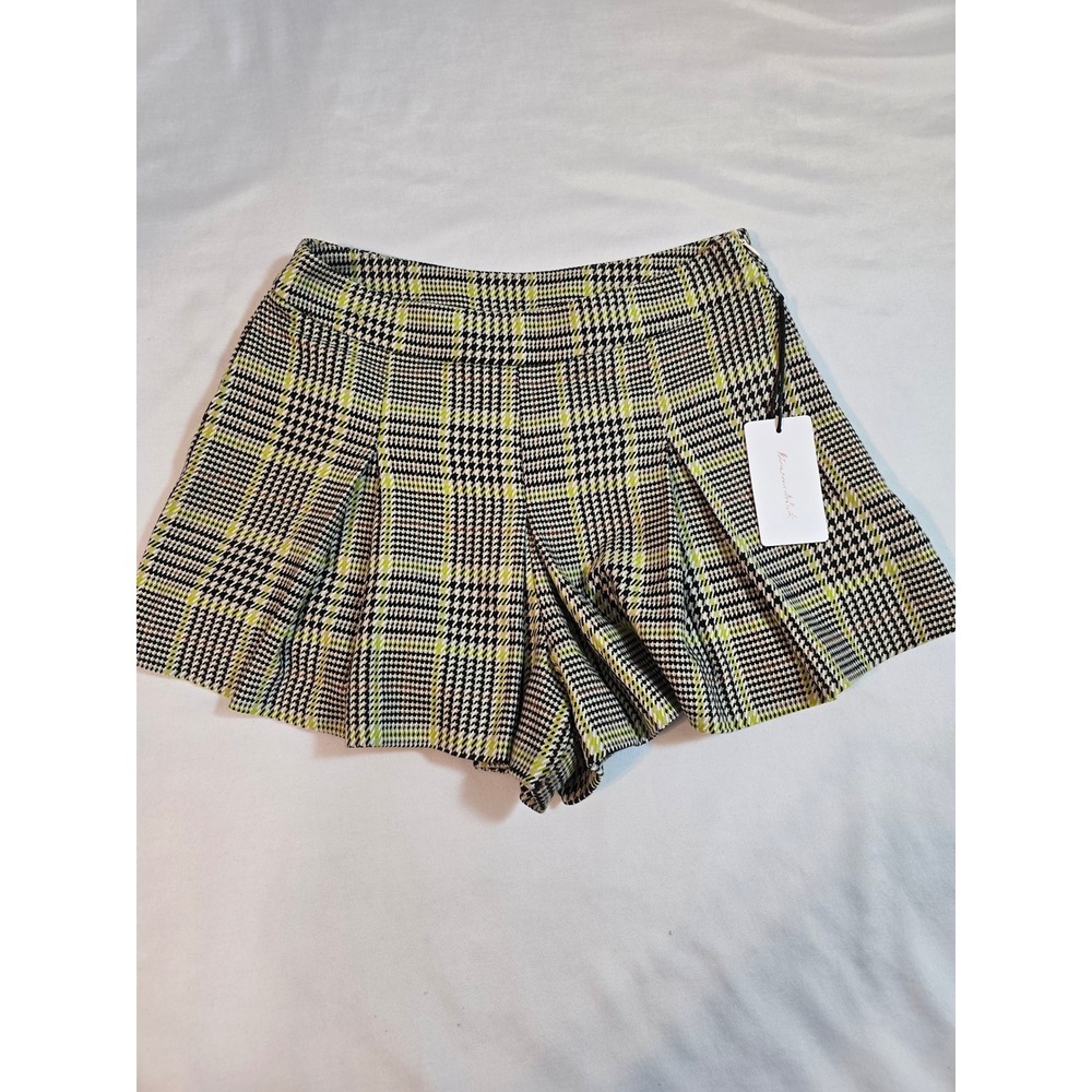 Line and Dot Charcoal Chartreuse Houndstooth Pleated Skirt Shorts XS New‎